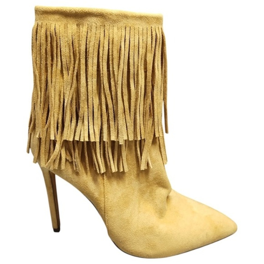 Lulus Fringed Ankle Boots Womens Size 10 Tan Stiletto Heel Pointed Toe Side Zip‎